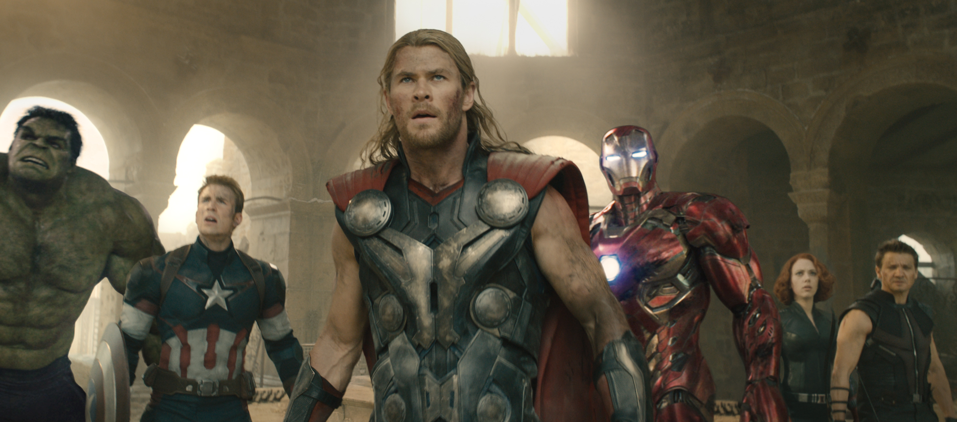(L-r) Mark Ruffalo, Chris Evans, Chris Hemsworth, Robert Downey Jr., Scarlett Johansson and Jeremy Renner star in "Avengers: Age of Ultron"
