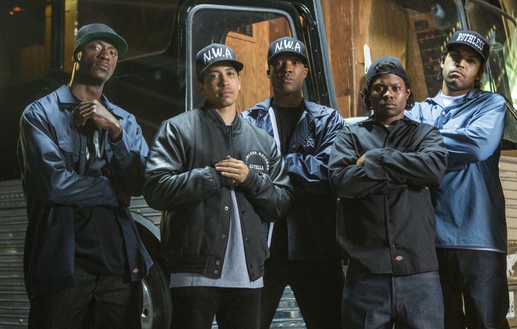 (L-r) Aldis Hodge, Neil Brown, Jr., Corey Hawkins, Jason Mitchell and O'Shea Jackson, Jr. star in Universal Pictures' "Straight Outta Compton"
